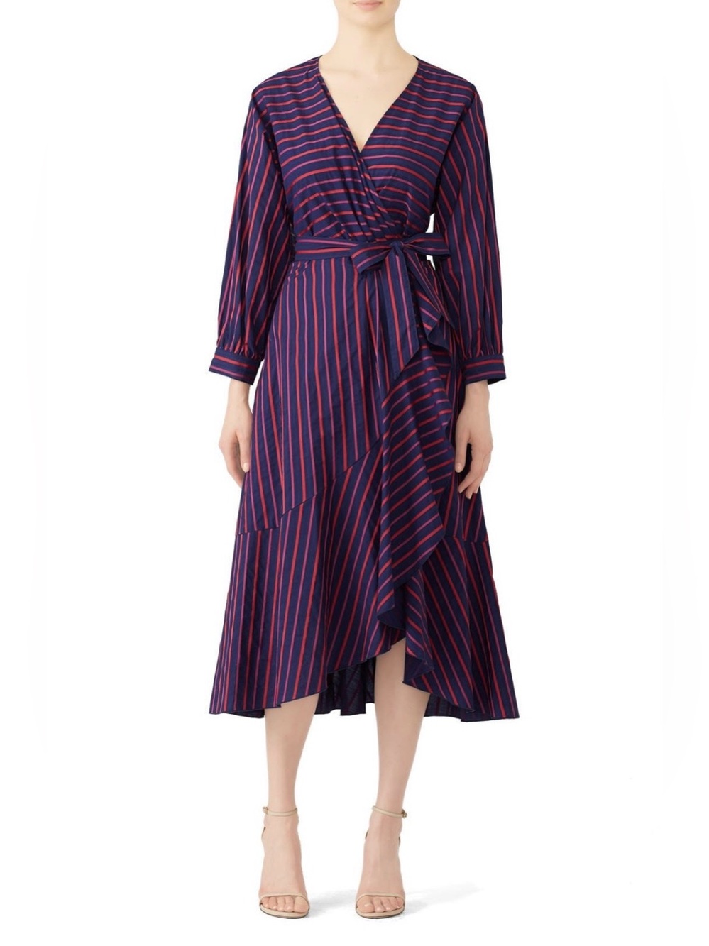 Tara Jarmon~Navy Wrap Midi Dress with Red Stripes~Size 36 (US 4)~$500~